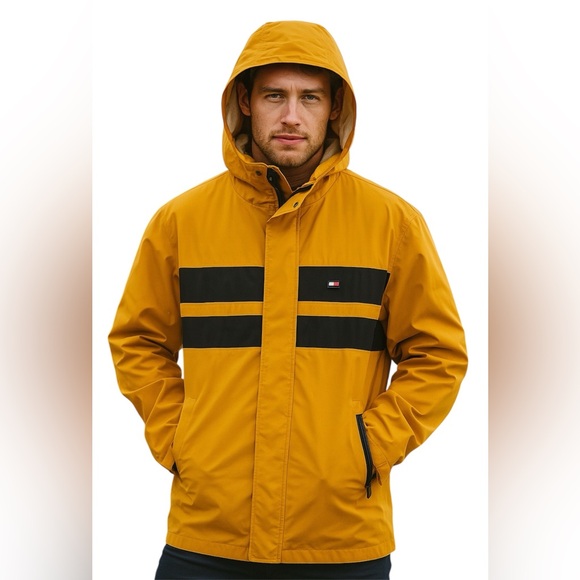 Tommy Hilfiger Classic Vintage Yellow and Black Hooded  Rain Jacket, Nautical, L - Picture 1 of 10